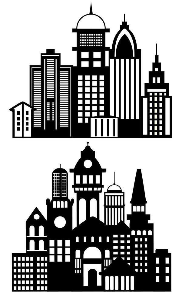 Landscape set of buildings silhouetted on white background. A black outline of low-rise and high-rise complexes and skyscrapers. Structural constructions placed urban objects vector