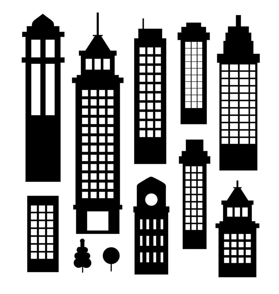 Landscape set of buildings silhouetted on white background. A black outline of low-rise and high-rise complexes and skyscrapers. Structural constructions placed urban objects vector