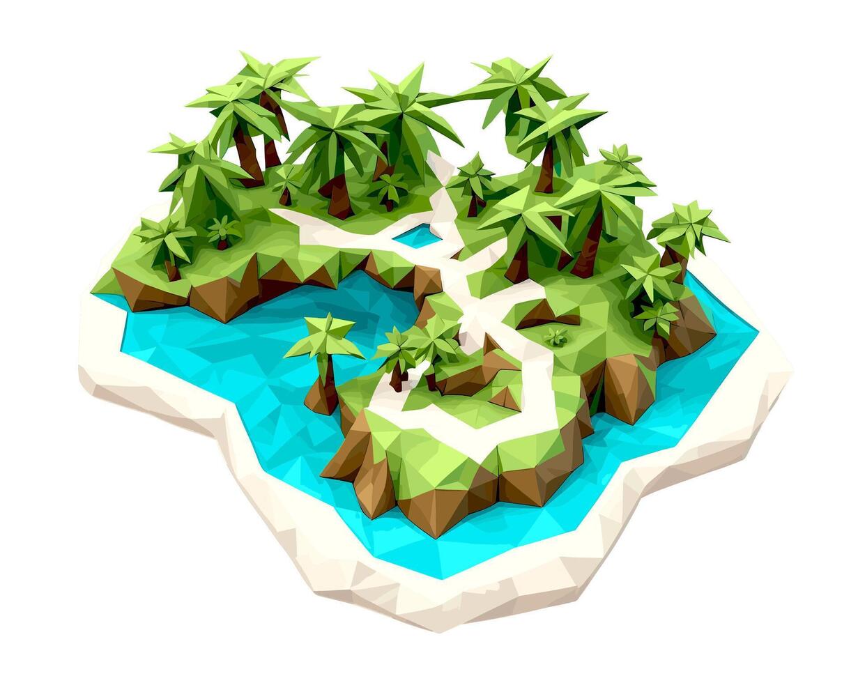 3D isometric low poly of a tropical island with the river, graced with minimalist low-polygon trees. illustration is a creative toolkit for designing in a distinctive style vector