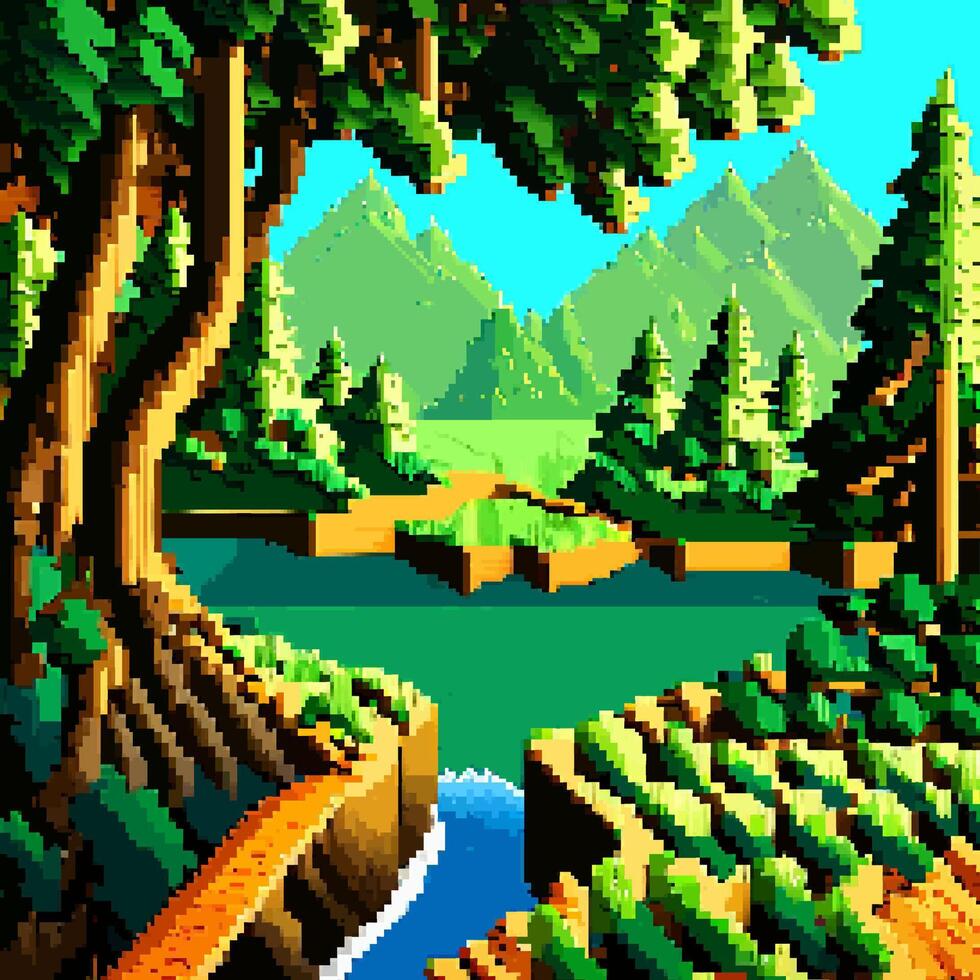 Landscape city beach 8-bit pixel art. Abstract Summer natural landscape urban scenery arcade game background vector