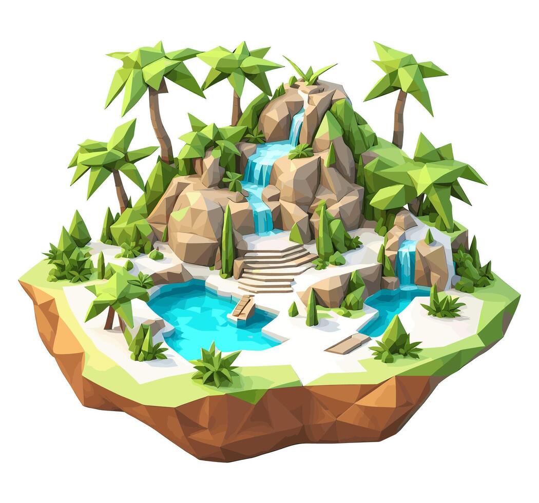 3D isometric low poly of a tropical island with the river, graced with minimalist low-polygon trees. illustration is a creative toolkit for designing in a distinctive style vector