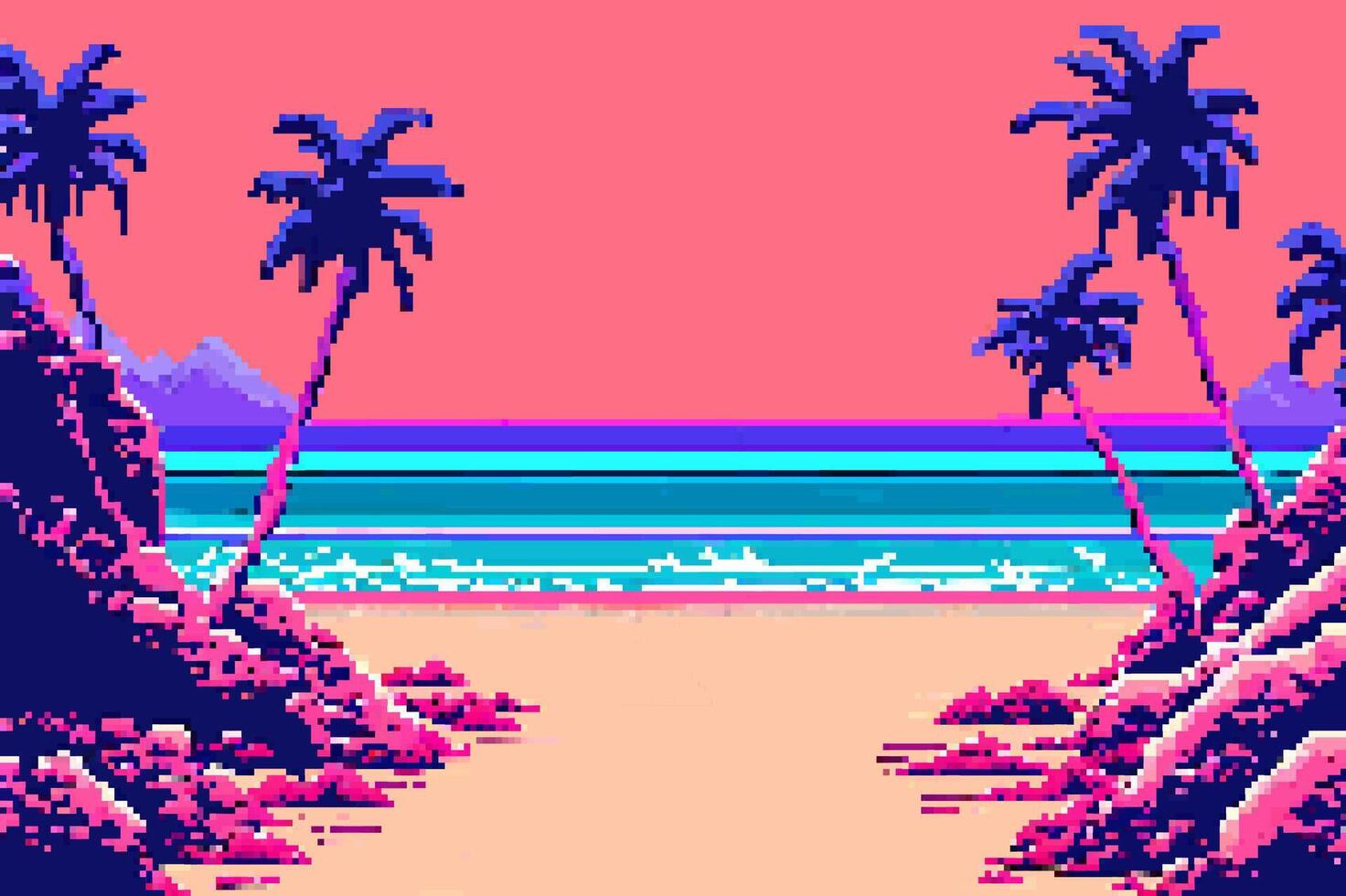Landscape city beach 8-bit pixel art. Abstract Summer natural landscape urban scenery arcade game background vector