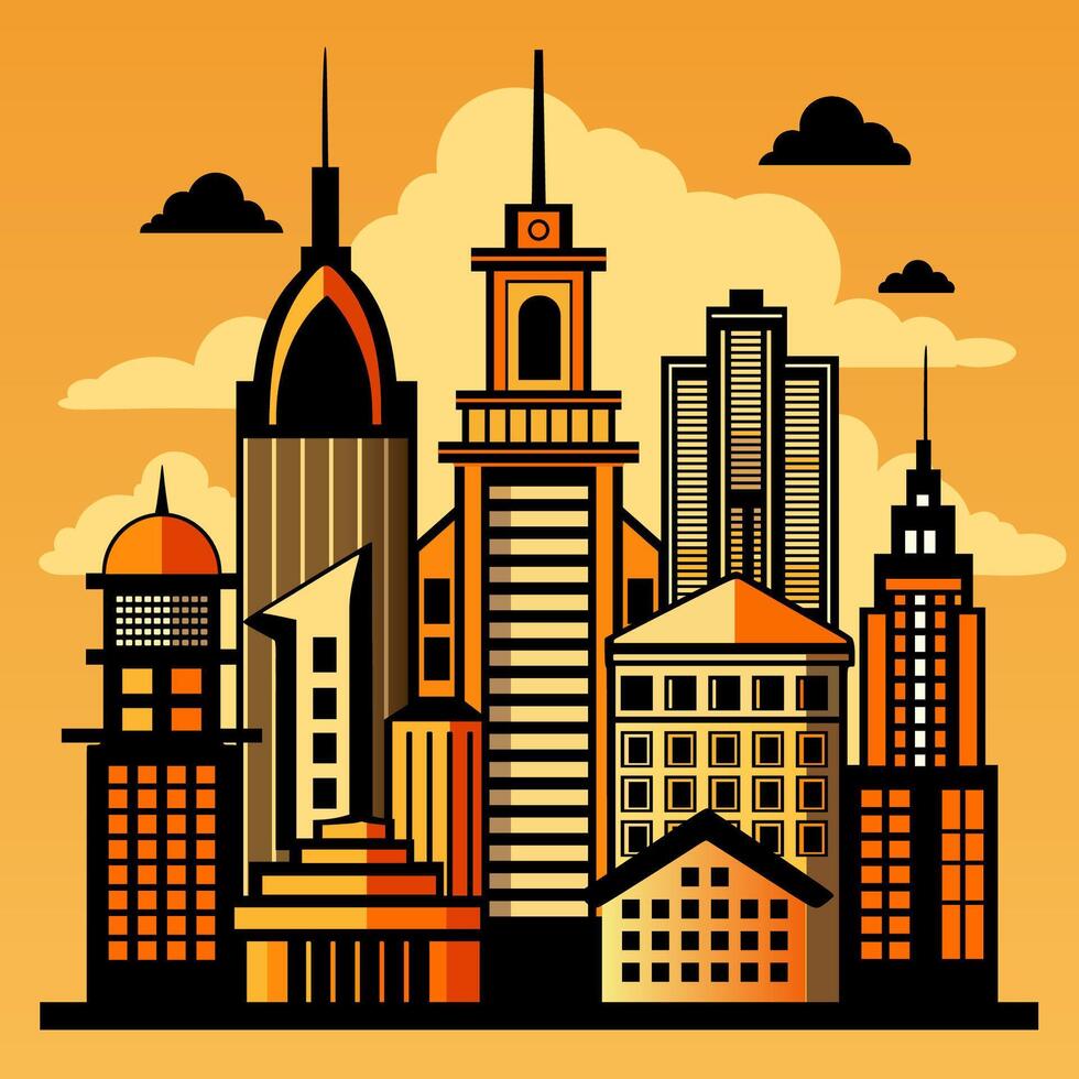 Landscape set of buildings silhouetted on white background. A black outline of low-rise and high-rise complexes and skyscrapers. Structural constructions placed urban objects vector