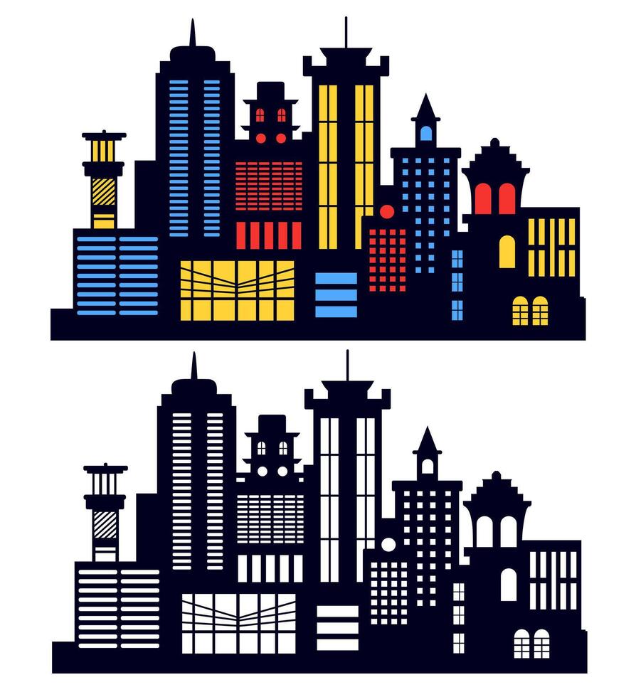 Landscape set of buildings silhouetted on Outline of low-rise and high-rise complexes and skyscrapers. Structural constructions placed urban objects vector