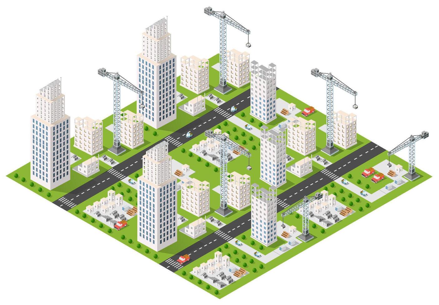 isométrica urbano megalópolis parte superior ver de el ciudad infraestructura ciudad, calle moderno, real estructura, arquitectura 3d ilustración elementos diferente edificios vector