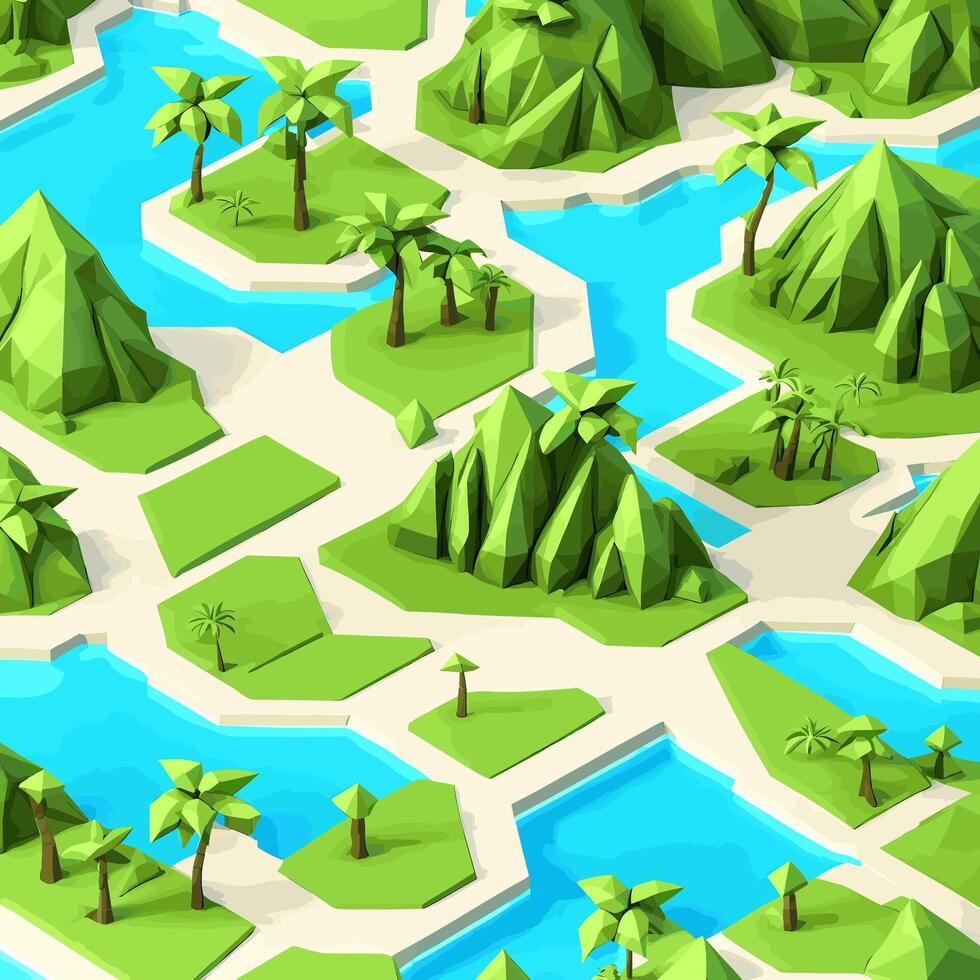 3D isometric low poly of a tropical island with the river, graced with minimalist low-polygon trees. illustration is a creative toolkit for designing in a distinctive style vector