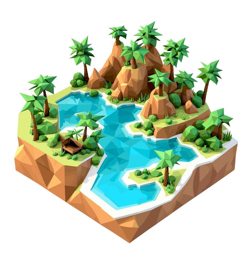 3D isometric low poly of a tropical island with the river, graced with minimalist low-polygon trees. illustration is a creative toolkit for designing in a distinctive style vector