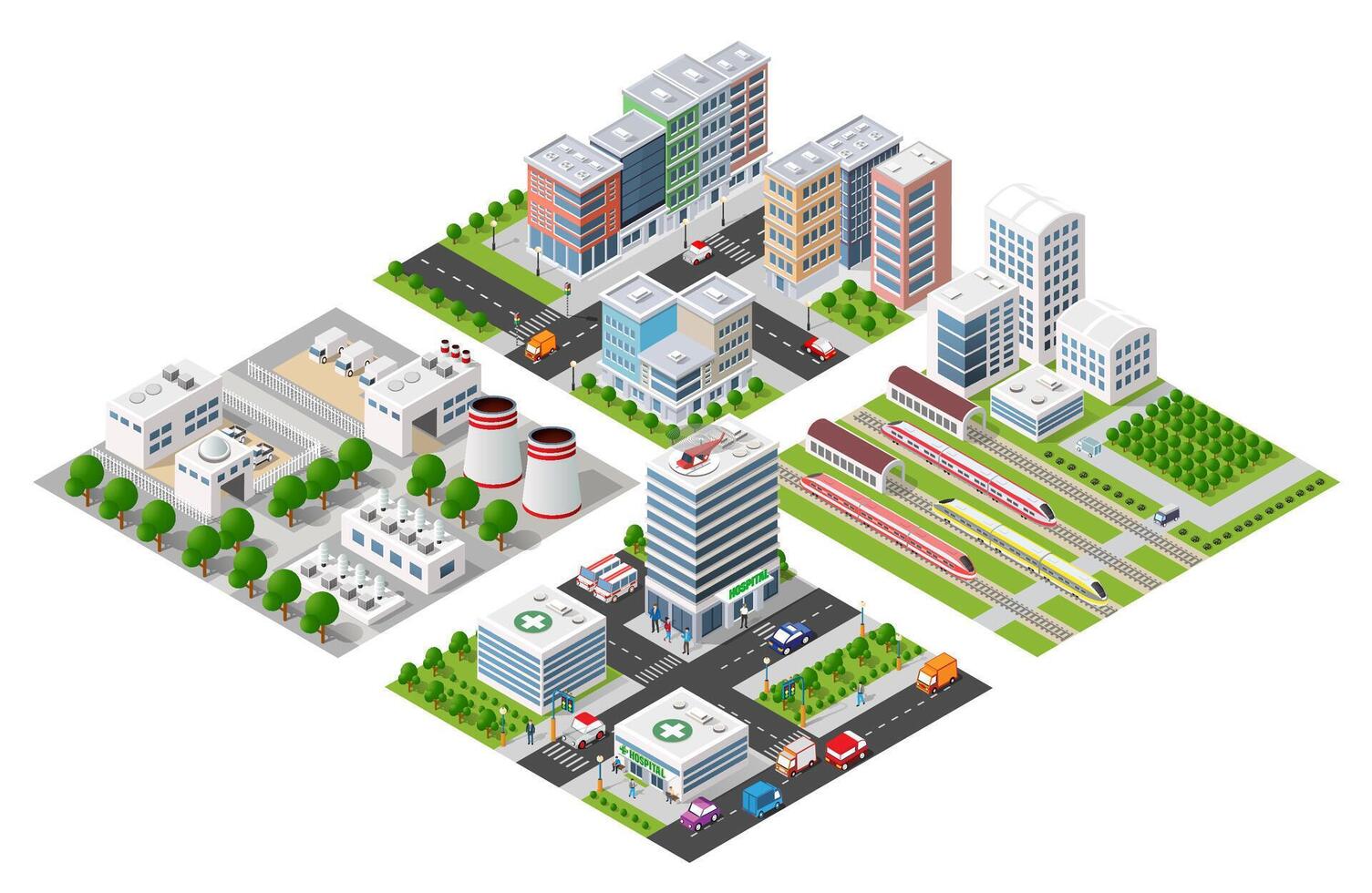 Isometric urban megalopolis top view of the city infrastructure town, street modern, real structure, architecture 3d illustration elements different buildings vector