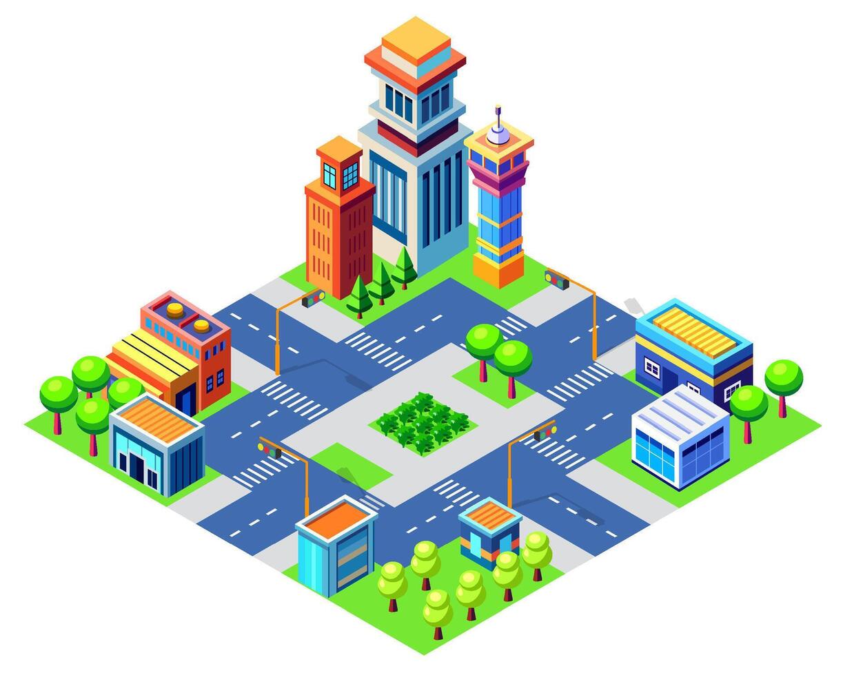 Isometric urban megalopolis top view of the city infrastructure town, street modern, real structure, architecture 3d illustration elements different buildings vector