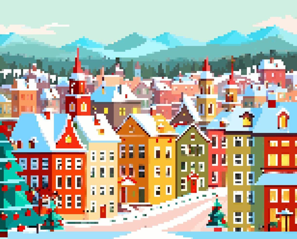 Winter village landscape Merry Christmas greeting card 8bit pixel art illustration. Snowy night in cozy town city panorama vector