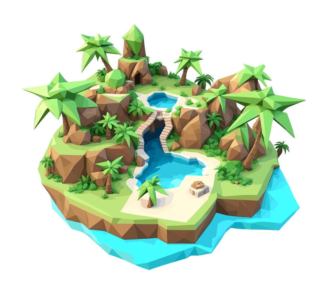 3D isometric low poly of a tropical island with the river, graced with minimalist low-polygon trees. illustration is a creative toolkit for designing in a distinctive style vector