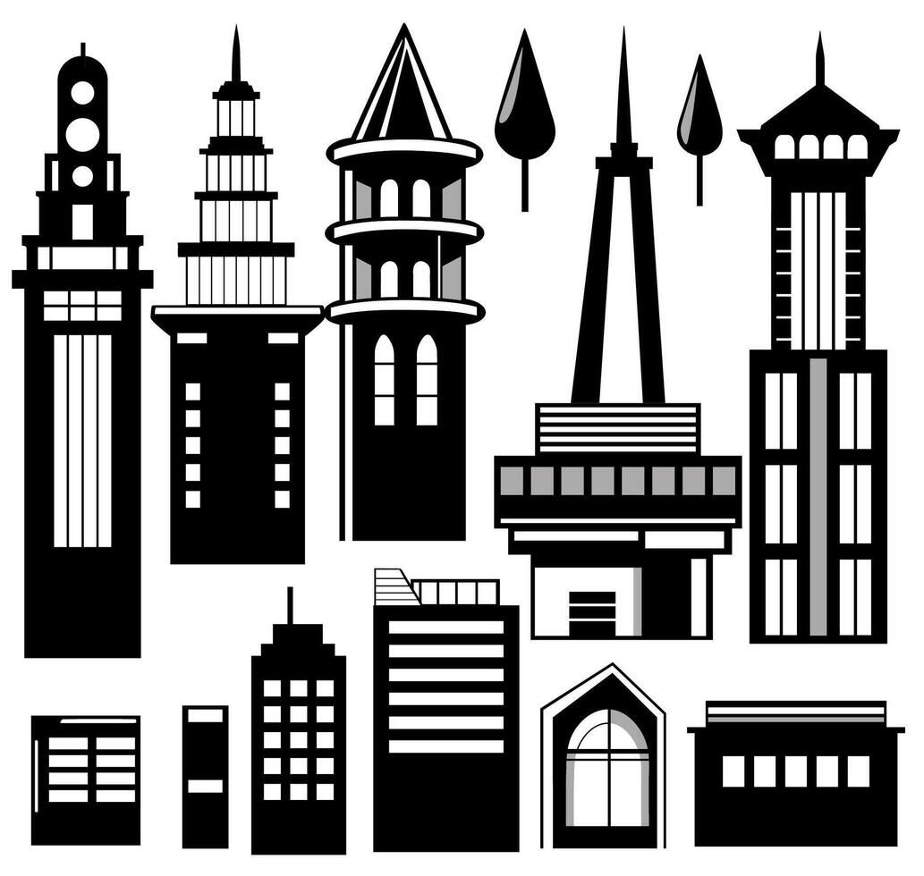 Landscape set of buildings silhouetted on white background. A black outline of low-rise and high-rise complexes and skyscrapers. Structural constructions placed urban objects vector