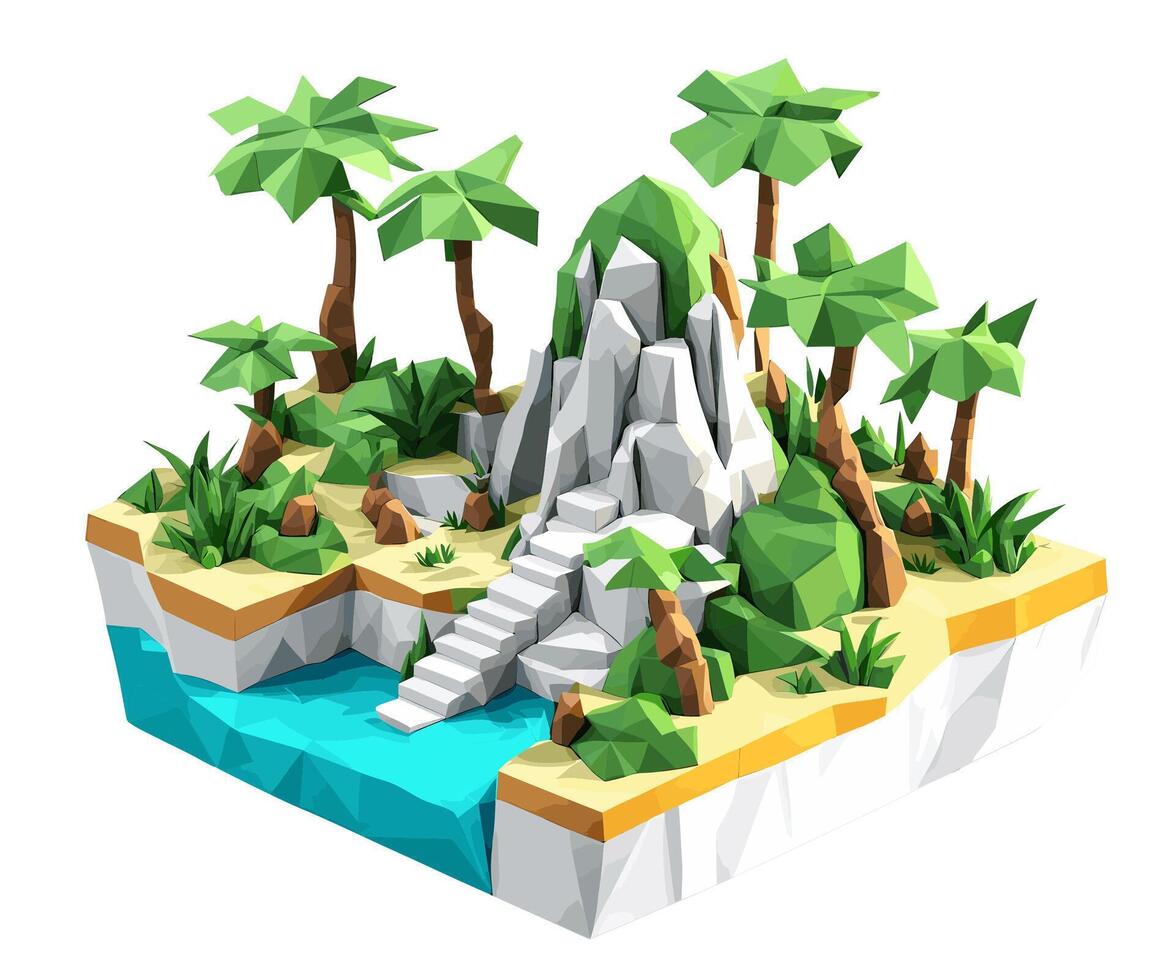 3D isometric low poly of a tropical island with the river, graced with minimalist low-polygon trees. illustration is a creative toolkit for designing in a distinctive style vector