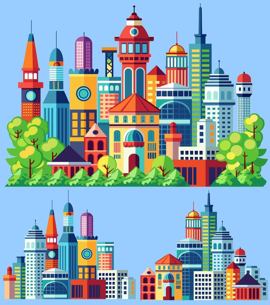 Landscape set of buildings silhouetted on Outline of low-rise and high-rise complexes and skyscrapers. Structural constructions placed urban objects vector