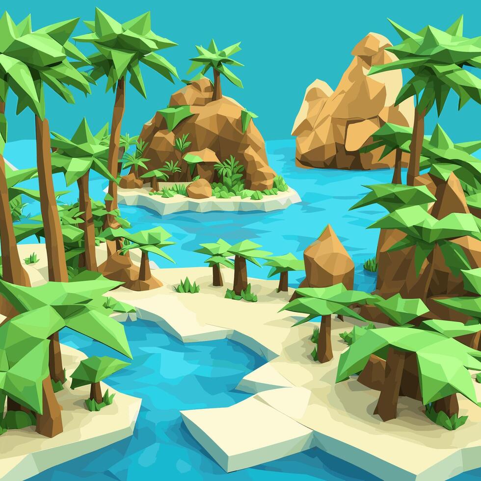 3D isometric low poly of a tropical island with the river, graced with minimalist low-polygon trees. illustration is a creative toolkit for designing in a distinctive style vector