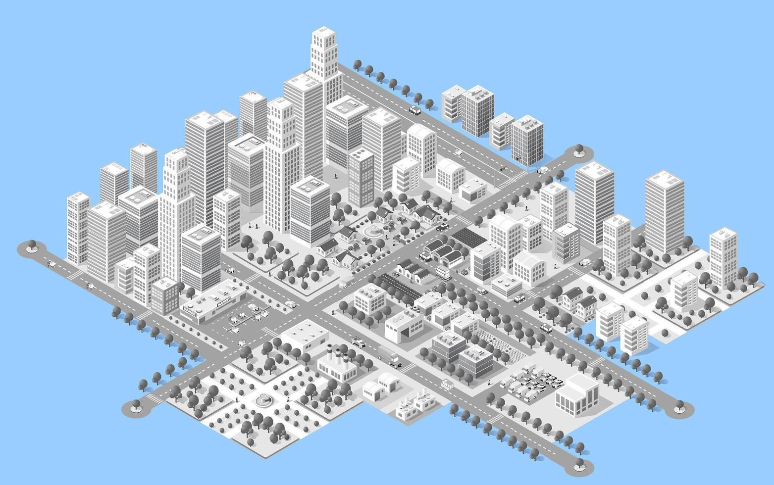 Ilustración isométrica 3d del barrio de la ciudad con casas. vector