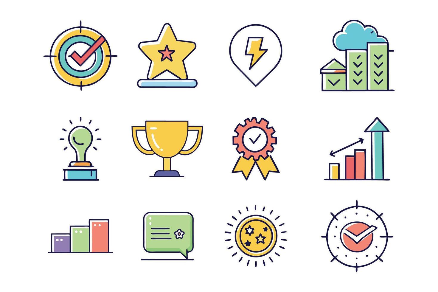 Success award growth win colorful icon set isolated flat pro collection illustration on white background vector