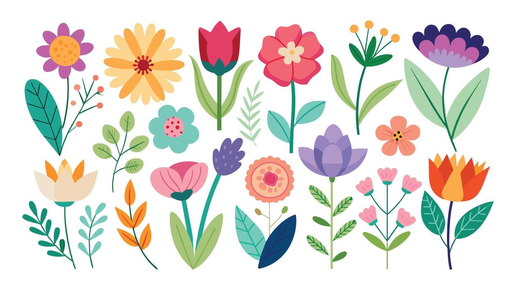 Set of Spring floral elements minimal isolated flat pro collection illustration on white background. vector