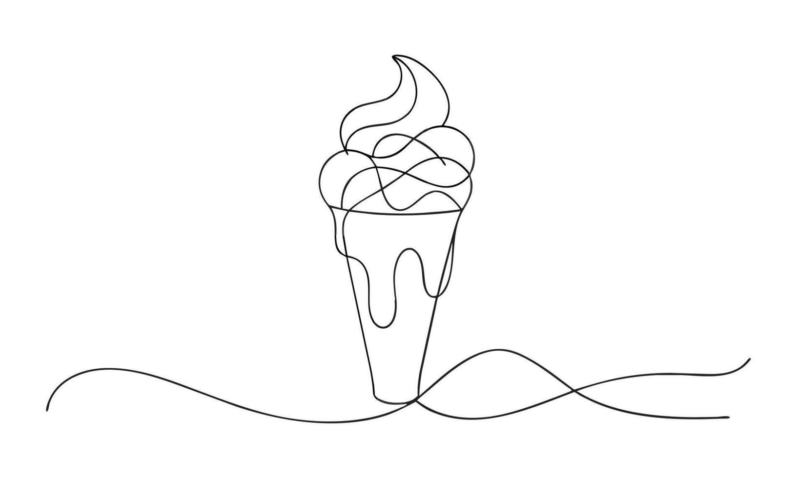 Ice cream in waffle cone one line continuous drawing art on white background vector