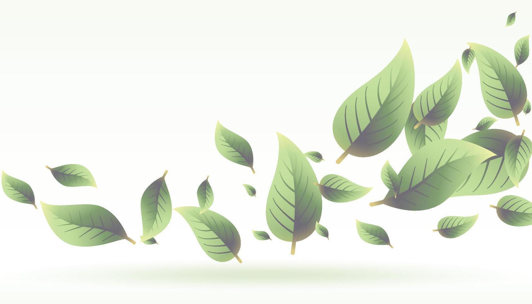 Realistic flying green leaf, blur and focused elements. Nature spring tree, fresh ecology cosmetic background, organic eco forest objects. Spring foliage falling. illustration vector
