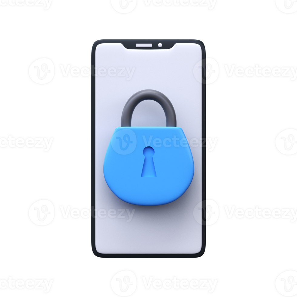 3D mobile security icon. Mobile phone with lock on screen. png