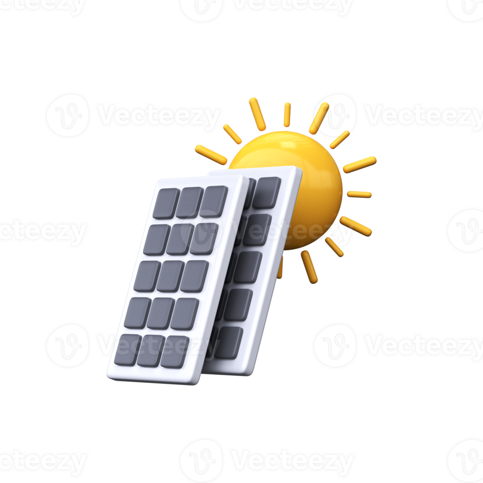 Renewable green energy. 3d solar panels with sun png