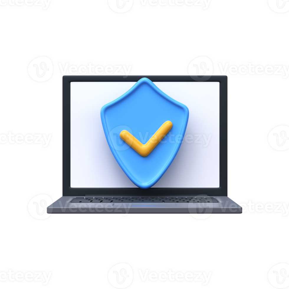 Laptop with security shield symbol. 3d data protection icon png