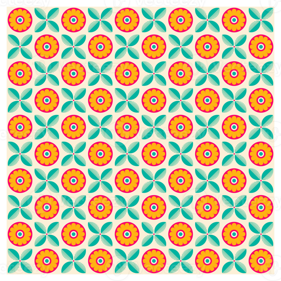 Retro Modern Orange Red And Green Seventies Style Abstract Flowers And Leaves Pattern png