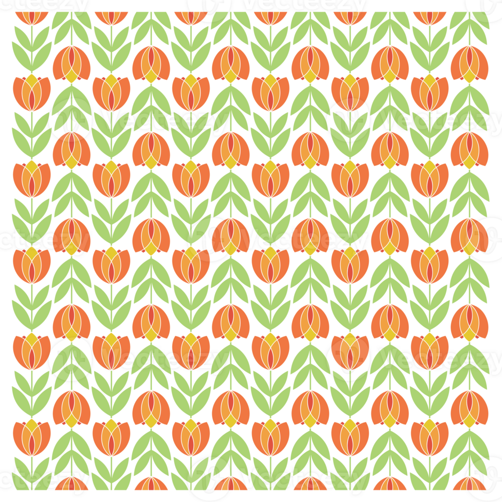 Retro Modern Mid-Century Orange And Green Tulip Flowers On White Background Pattern png