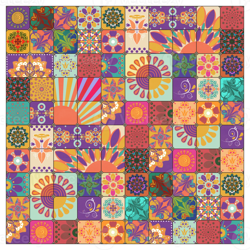 Retro Sixties Hippie Bohemian Flowers Colorful Patchwork Pattern png
