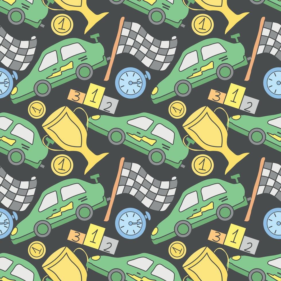 Seamless car pattern. Cartoon car background. Racing illustration vector