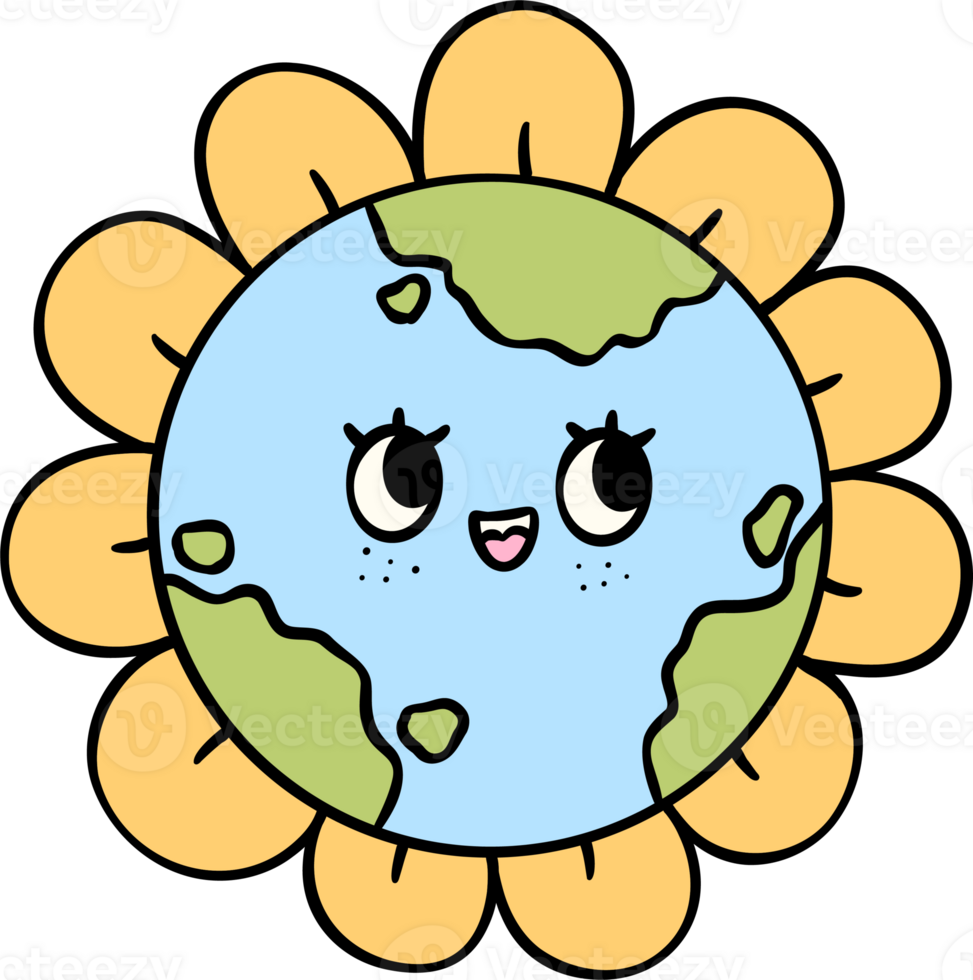 Retro Earth Day globe flower Pastel Doodle Drawing Cartoon png