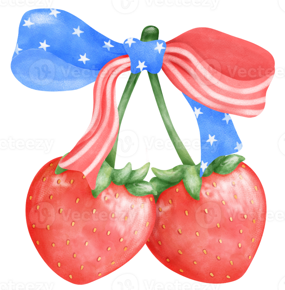 Coquette 4th of July Watercolor Illustration Red Strawberries with Stars and Stripes Ribbon Bow png