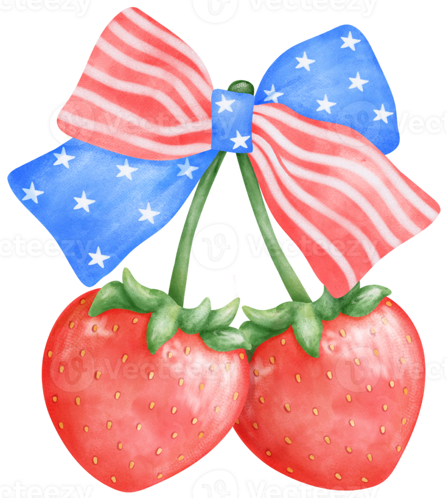 Coquette 4th of July Watercolor Illustration Red Strawberries with Stars and Stripes Ribbon Bow png