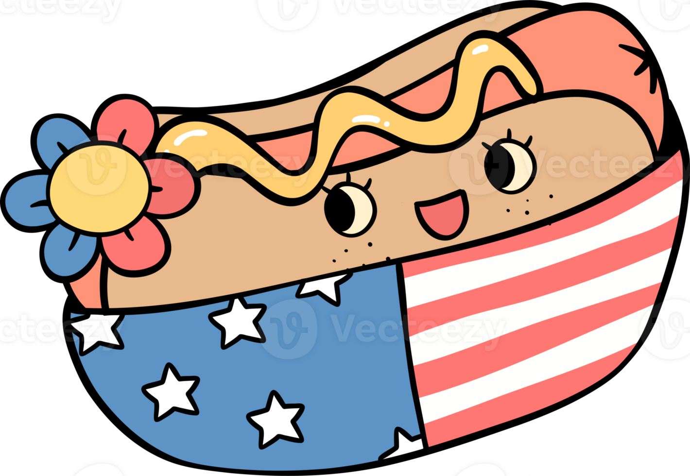 Retro Groovy 4th of July food hot dog Independence day festive cartoon doodle drawing png