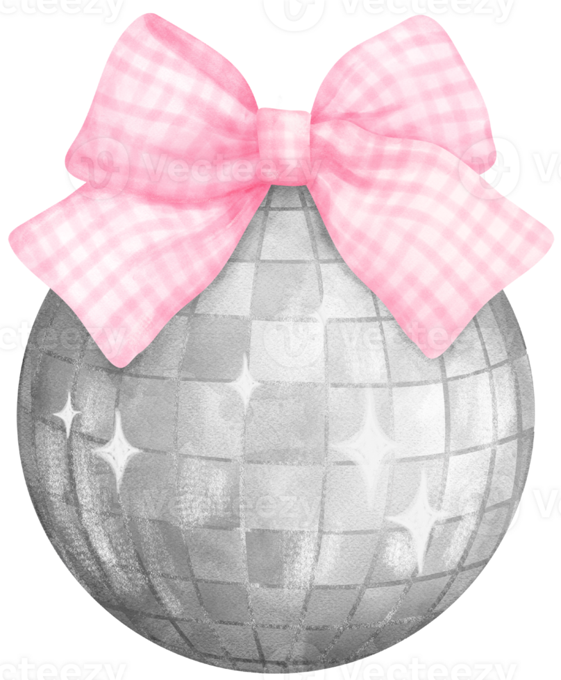 Coquette Disco ball with pink ribbon bow watercolor png