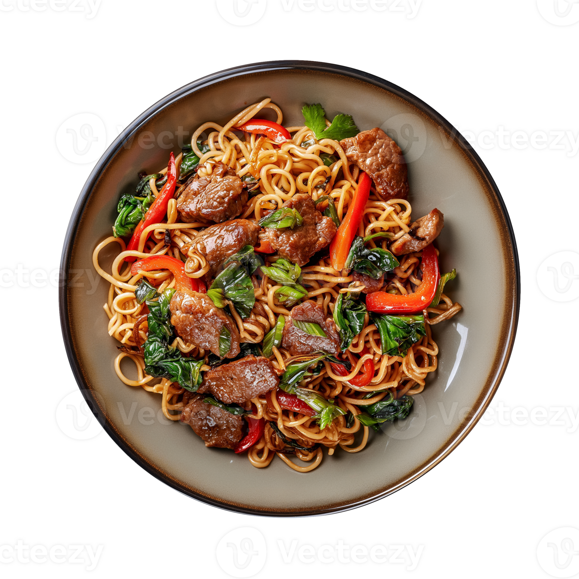 a top view plate of fried noodles with meats and vegetables isolated on ...
