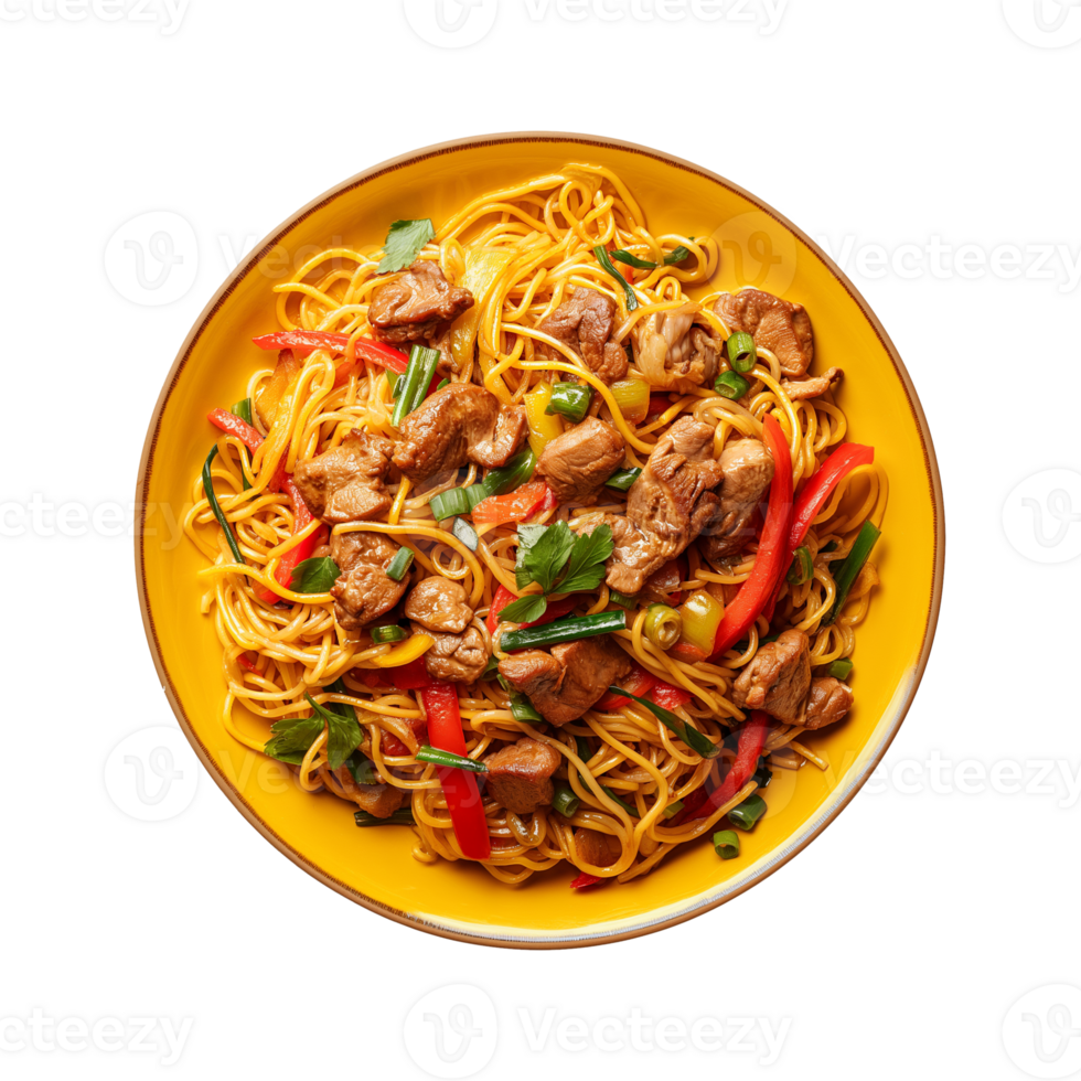 a top view plate of fried noodles with meats and vegetables isolated on a transparent background, png
