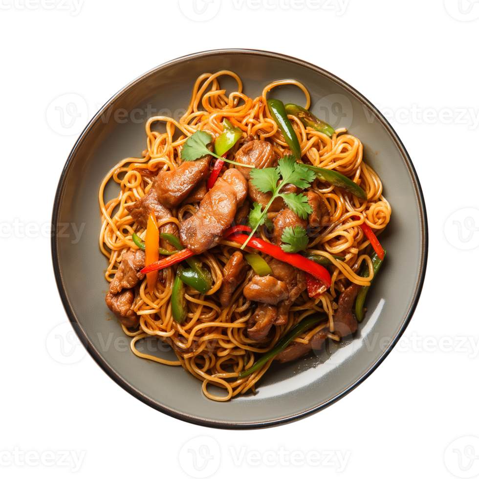a top view plate of fried noodles with meats and vegetables isolated on a transparent background, png
