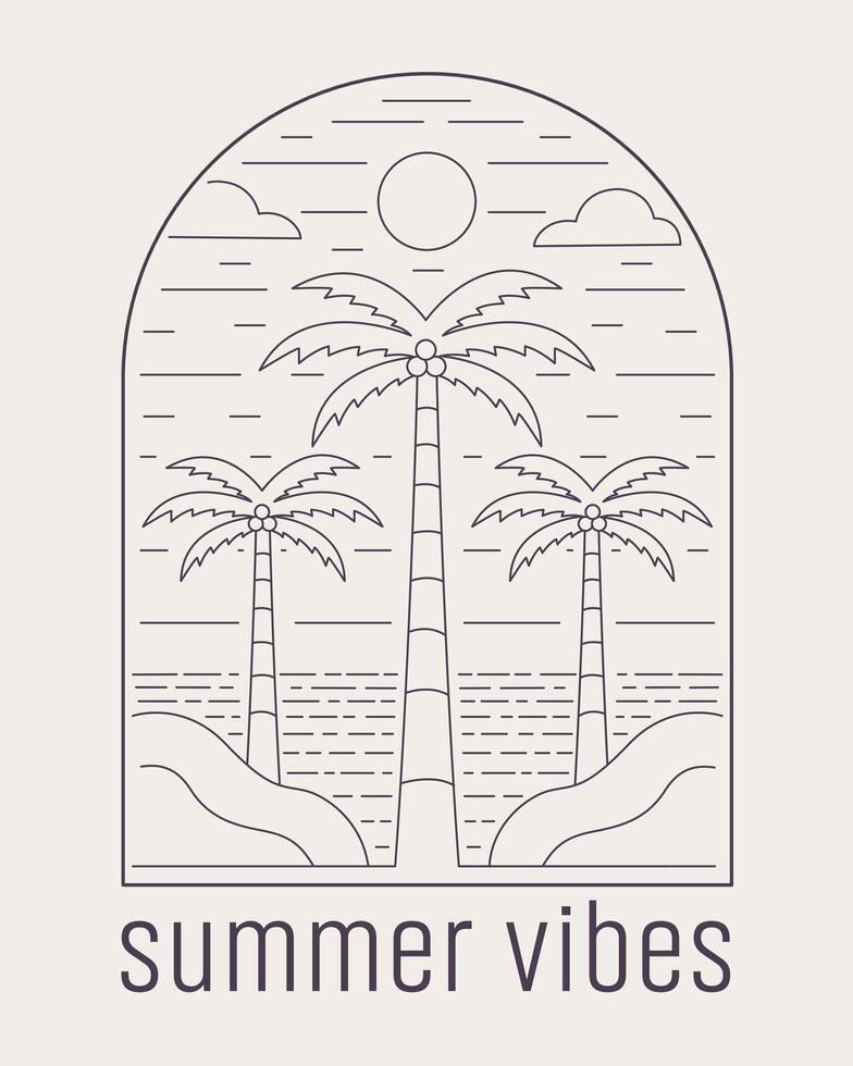 The coconut tree and beach in summertime, tree coconut tree, sea, mono line t shirt badge design art vector