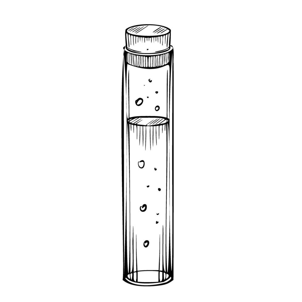 Test Tube illustration. Drawing of laboratory Flask painted by black inks in line art style. Linear engraving of equipment for science or chemistry on isolated background. Vintage potion vector