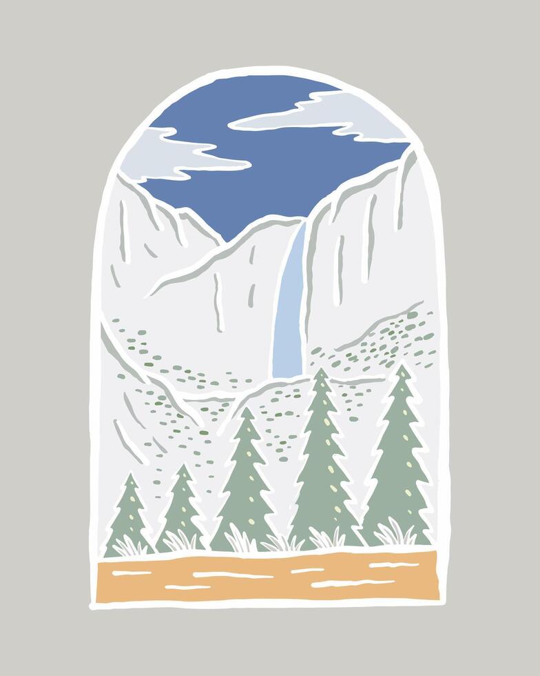 Hand drawing yosemite falls design for t shirt, badge, sticker illustration vector