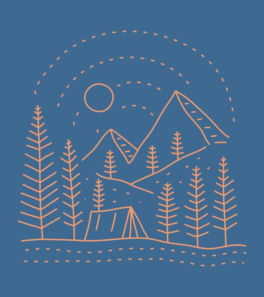 simple line art mono line of camping on forest under the mountain vector