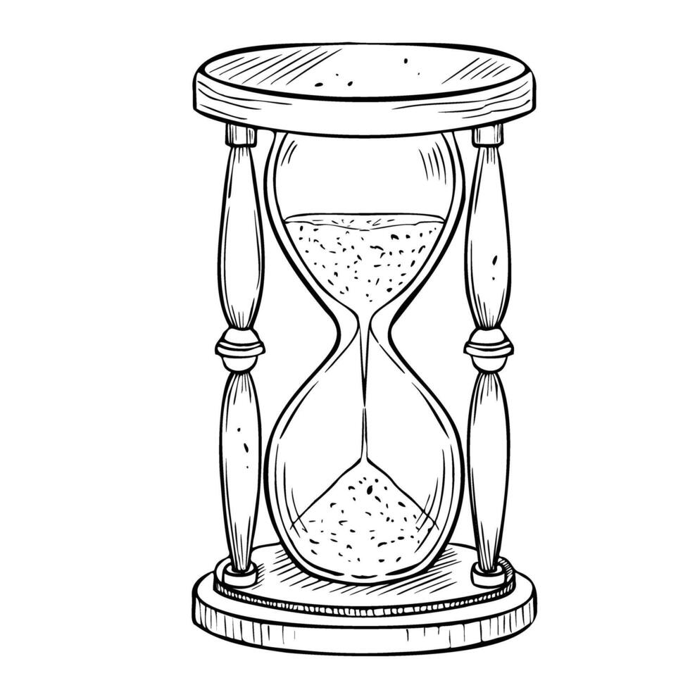 Hourglass illustration. Drawing of antique Sandglass painted by black inks in outline style. Hand drawn sketch of a vintage sand Clock. Etching of retro hour glass. Engraving of old timer vector