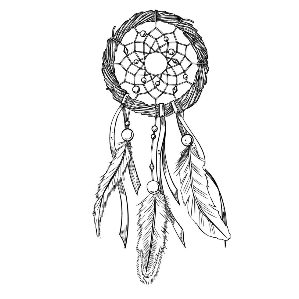 Dreamcatcher illustration. Dream Catcher or hunter painted by black inks. Hand drawn sketch of vintage sleep amulet with feathers. Drawing in boho style for greeting cards and prints vector