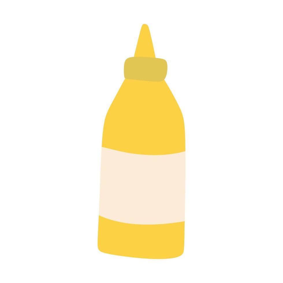 Yellow Mustard Bottle on White background. Isolated Flat illustration of Pungent tasting paste in Plastic Tube. Savory seasoning for Street Food, Burger, Shawarma, Hot Dog and other Meals vector