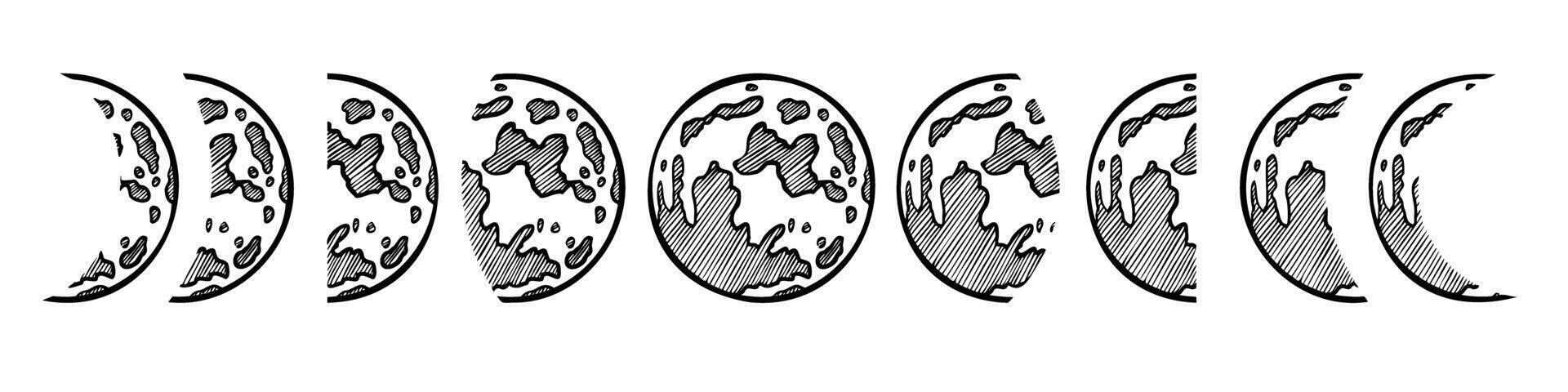 Moon Phases set. illustration of full Luna and crescent. Hand drawn lunar cycle on isolated background. Bundle of celestial elements painted by black inks. Moonlight sketch for border vector