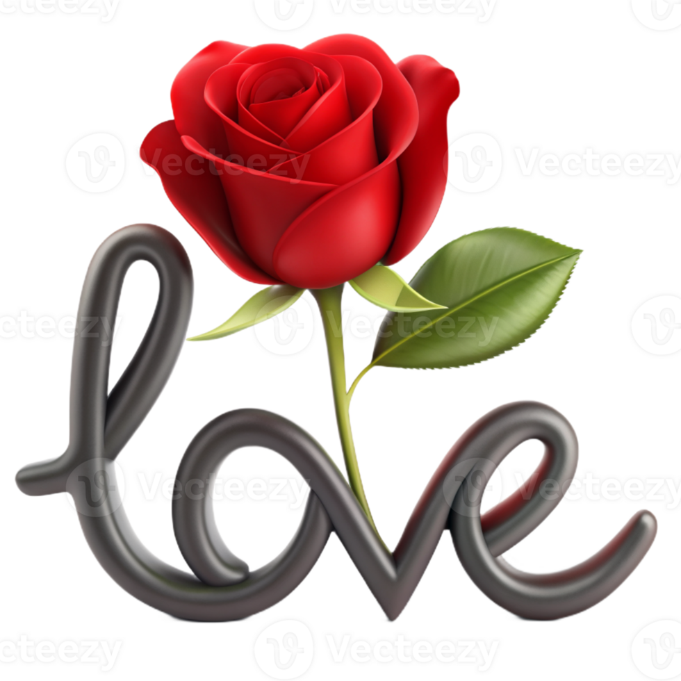 Stunning 3D image of a rose adorned with love text, perfect for expressing affection in digital designs. Elegant and romantic png