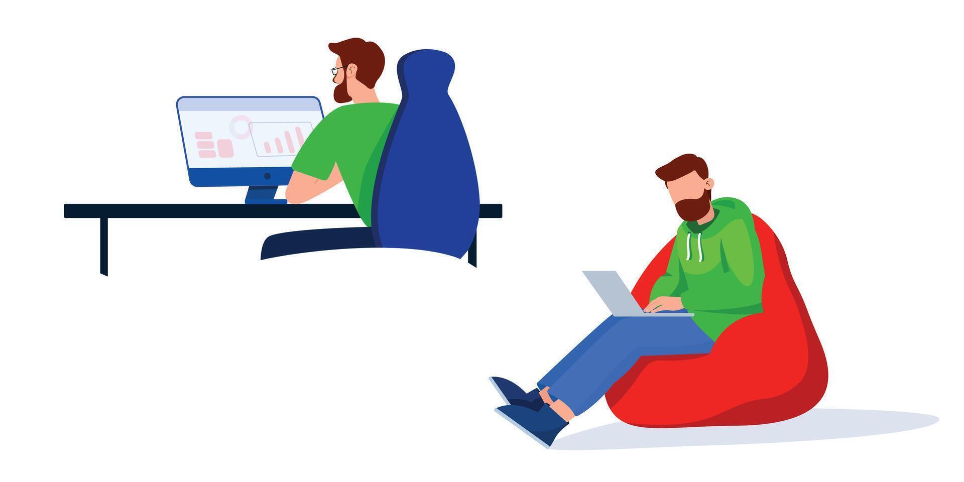 Flat illustration of a man at the workplace in the office. A man sits at a computer view from the back. Man sitting on pouffe with laptop vector