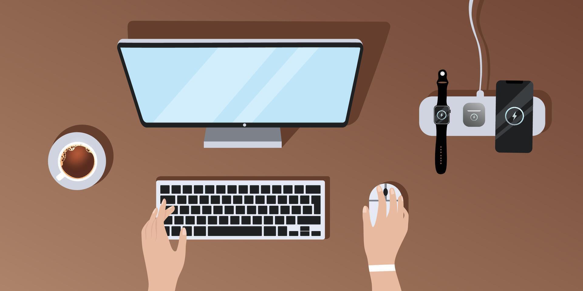 Flat illustration of a top view of a desktop, a girl working at a computer, a phone next to her, a watch, headphones charging on a wireless charger, a cup of coffee vector